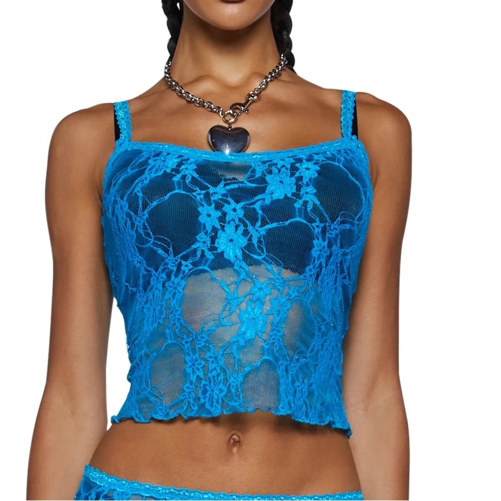 ELSIE & FRED Pammy Lee Crop Sheer Lace Cami Tank Top Turquoise Blue Size Medium